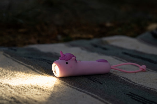 Lampe torche enfant licorne rechargeable USB-C. Lumière douce réglable idéale pour histoires du soir et aventures dès 3 ans.