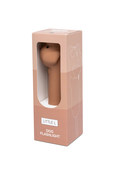 Lampe torche enfant chien caramel rechargeable USB-C. Lumière douce réglable pour histoires du soir et explorations dès 3 ans.