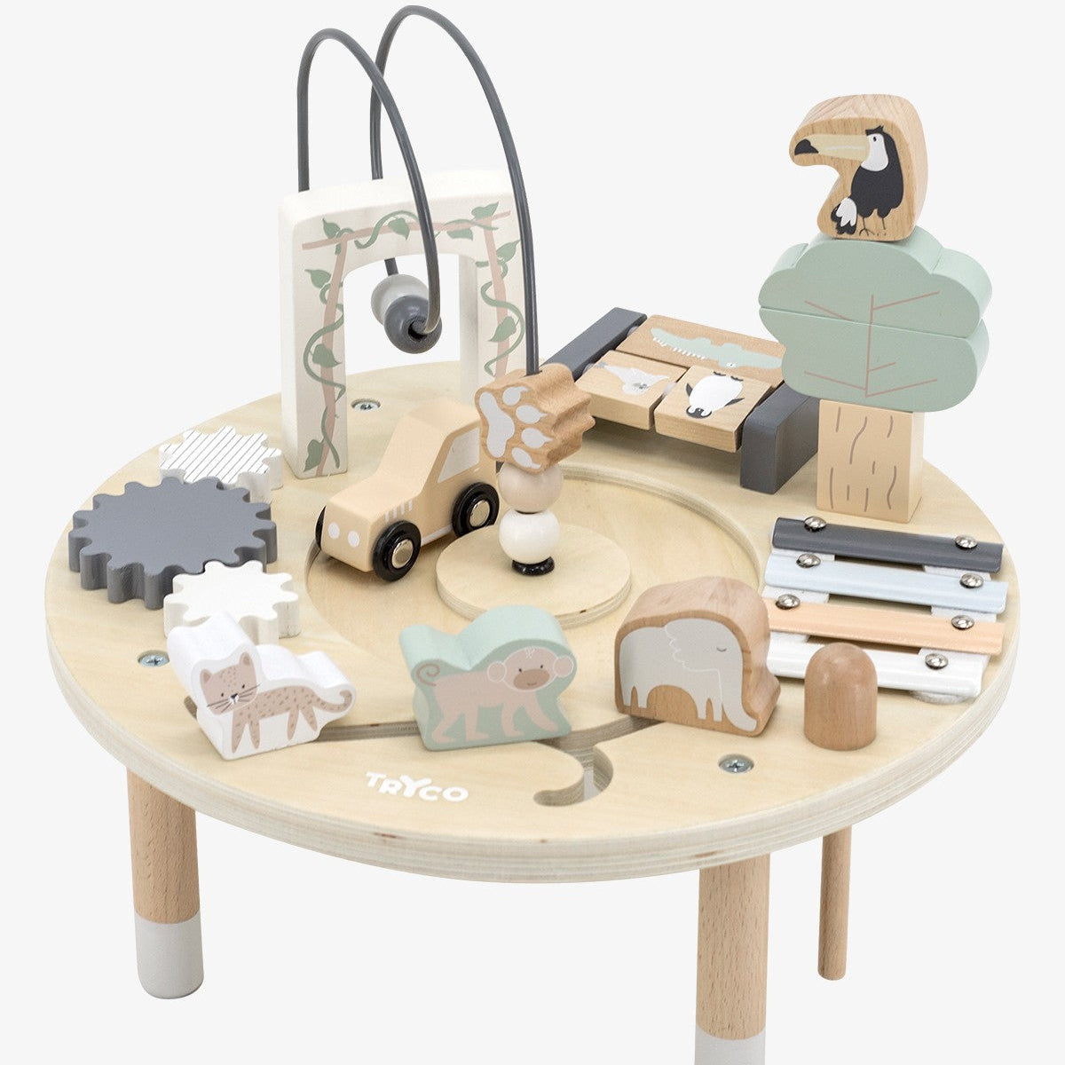 Table d’activité bébé en bois dès 18 mois. Jouet d’éveil complet pour développer motricité et coordination.