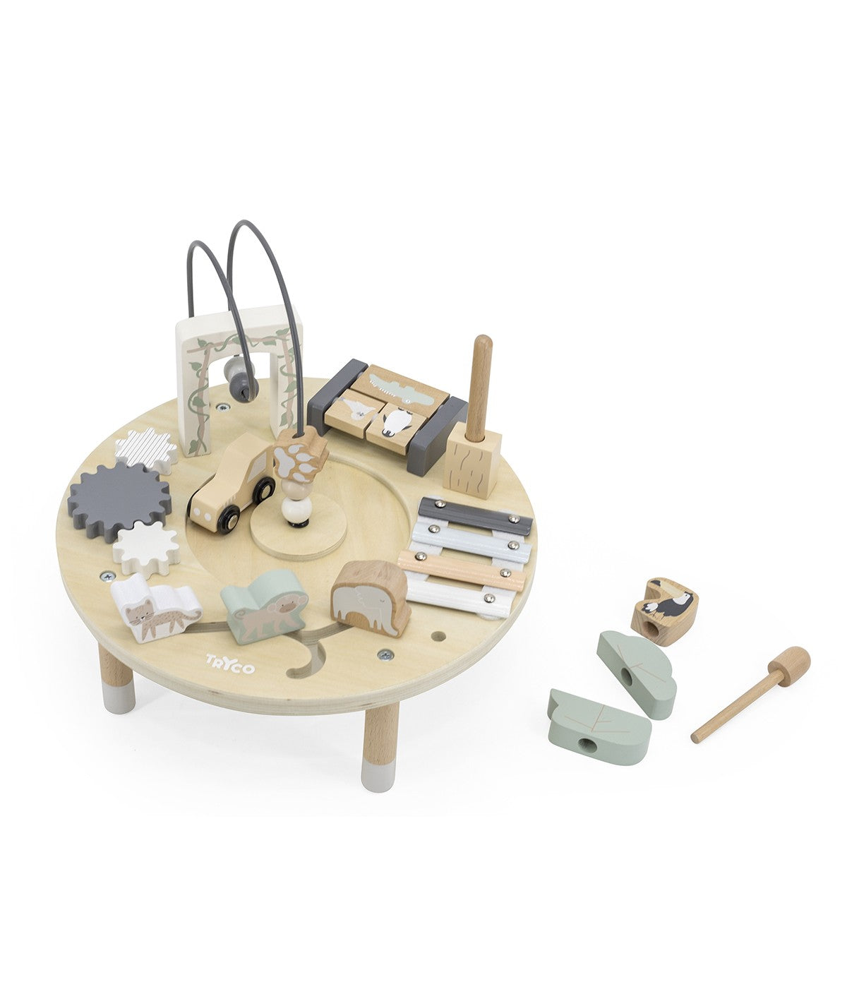 Table d’activité bébé en bois dès 18 mois. Jouet d’éveil complet pour développer motricité et coordination.