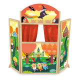 Grand théâtre de marionnettes en bois dès 3 ans. Décor contes, pliable et idéal pour stimuler l’imagination.