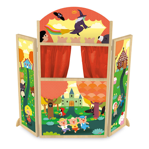 Grand théâtre de marionnettes en bois dès 3 ans. Décor contes, pliable et idéal pour stimuler l’imagination.