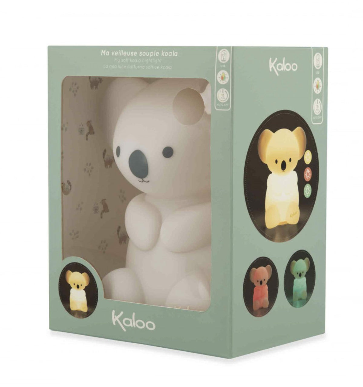 Veilleuse bébé en silicone souple dès la naissance. Lumière douce, rechargeable USB et format nomade.