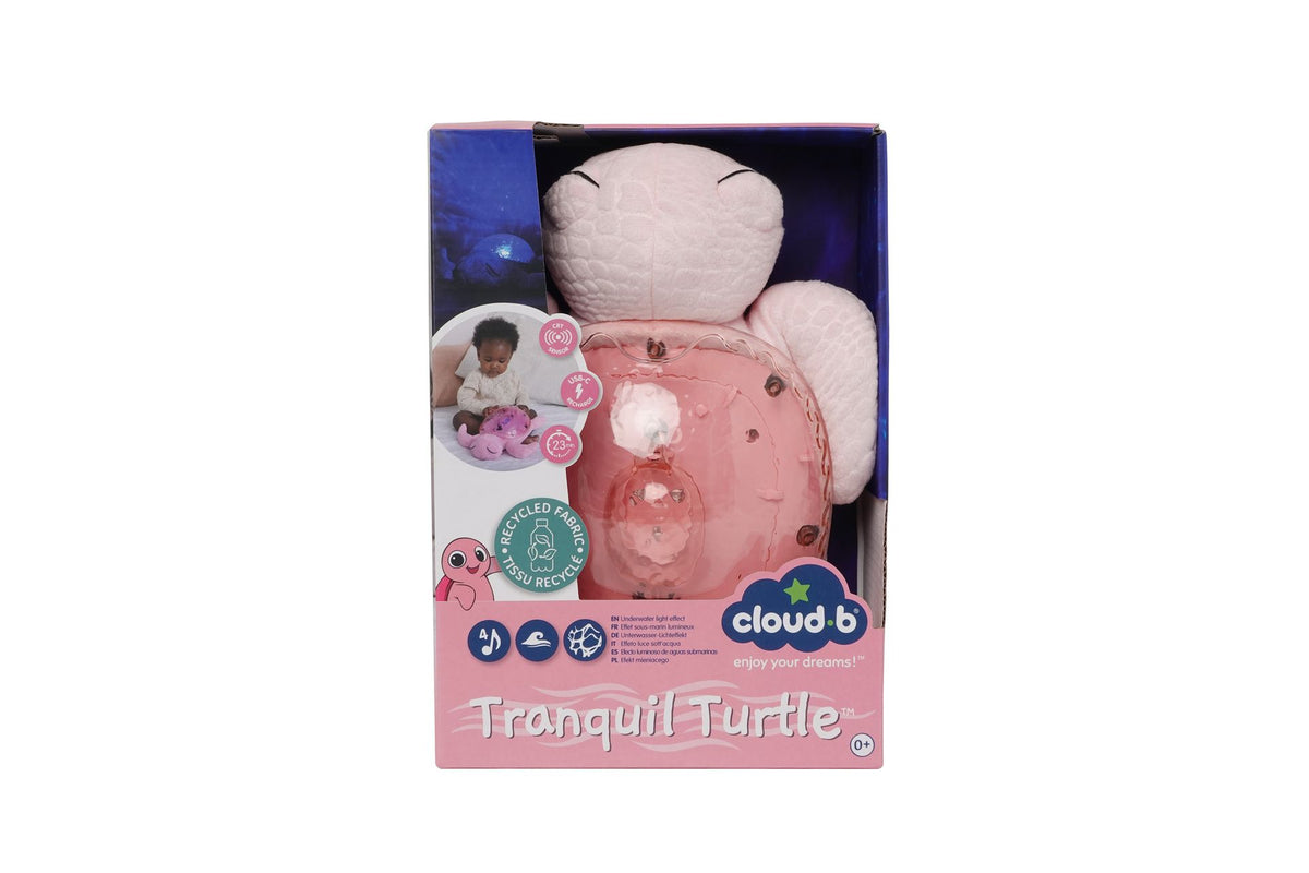 Veilleuse bébé Tranquil Turtle™ rose rechargeable : projections océaniques, bruits blancs, capteur de pleurs et minuterie. Idéale dès la naissance et parfaite en cadeau de naissance.