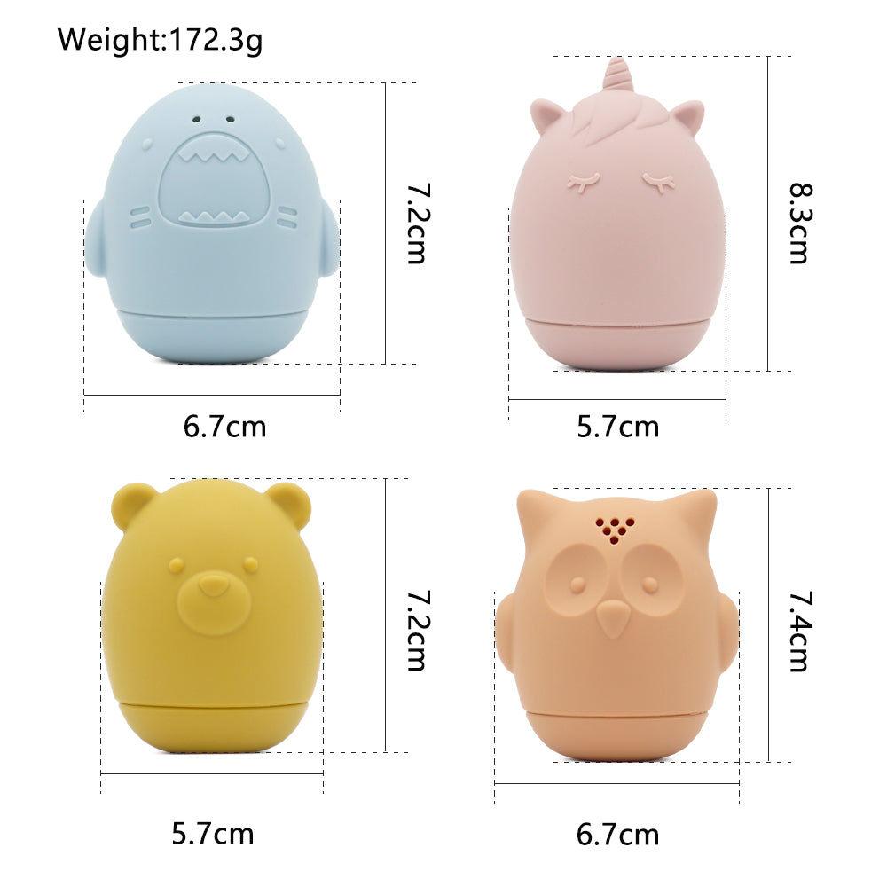 Lot de 4 jouets de bain en silicone – Licorne, Ours, Hibou et Requin