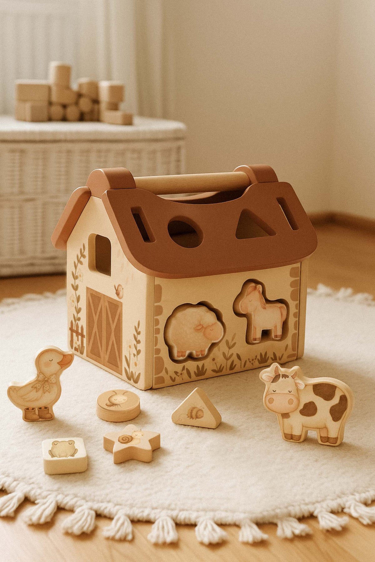 Explore la ferme avec Tiny Barn 🐑, le jeu de tri de formes en bois. Stimule la motricité fine, la logique et la coordination main-œil pour les enfants dès 18 mois.