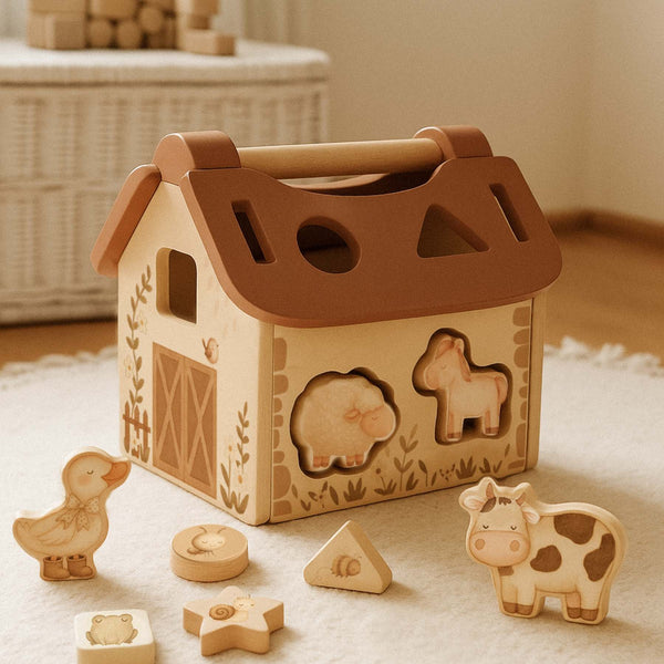 Explore la ferme avec Tiny Barn 🐑, le jeu de tri de formes en bois. Stimule la motricité fine, la logique et la coordination main-œil pour les enfants dès 18 mois.