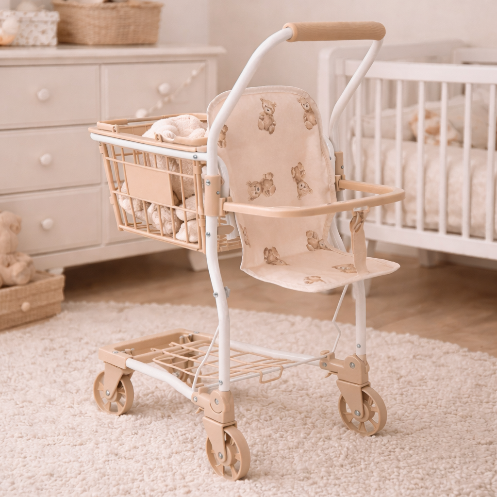 Chariot de courses enfant beige – Jouet imitation motif ours Petit coeur salé