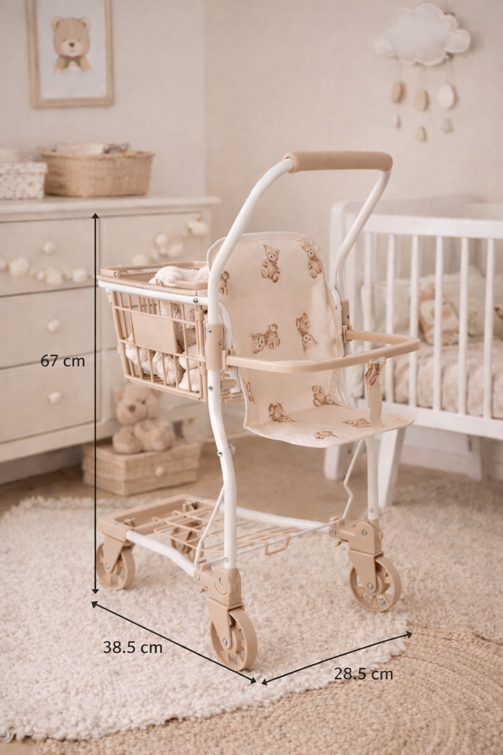 Chariot de courses enfant beige – Jouet imitation motif ours Petit coeur salé