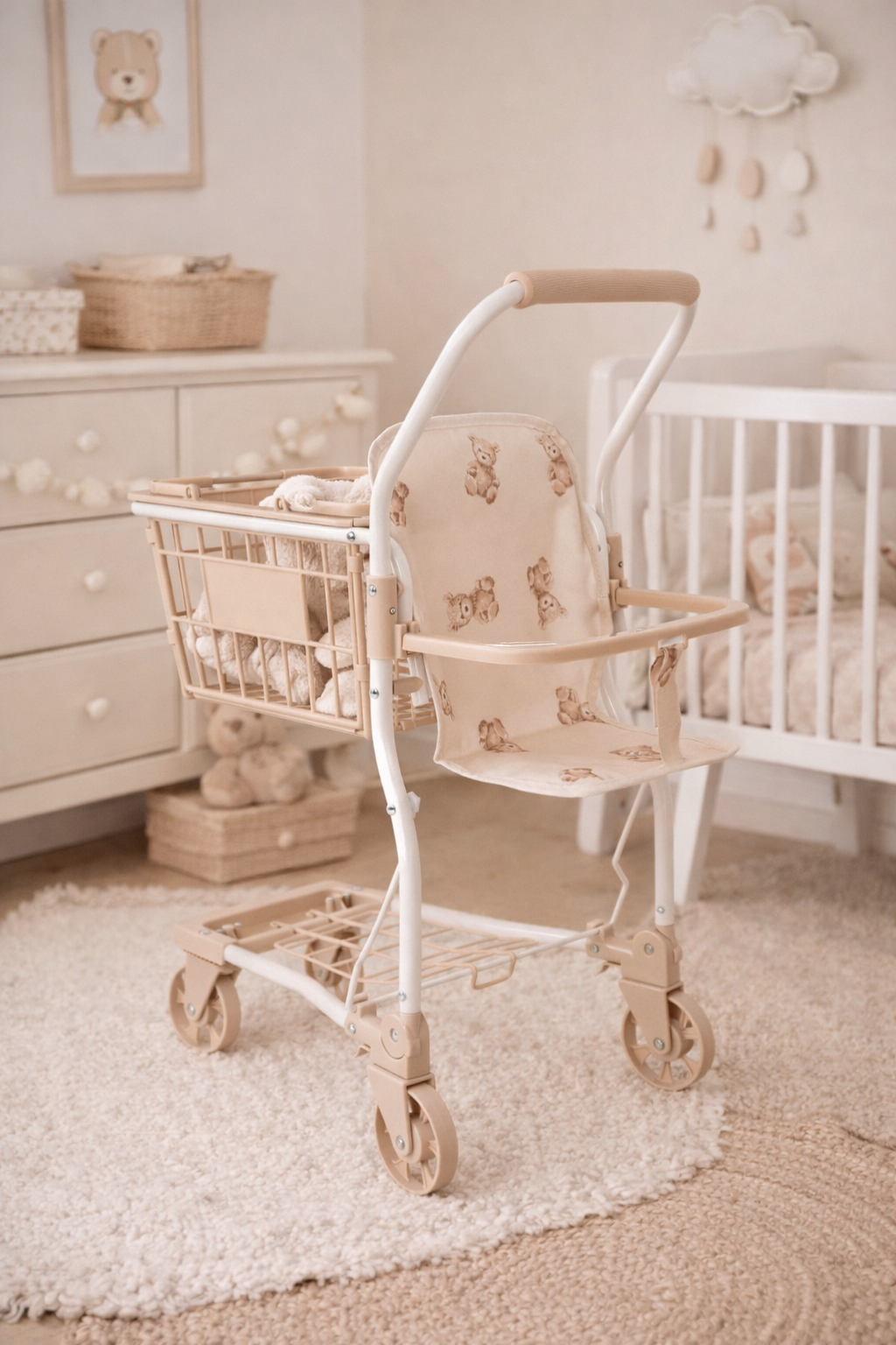 Chariot de courses enfant beige – Jouet imitation motif ours Petit coeur salé