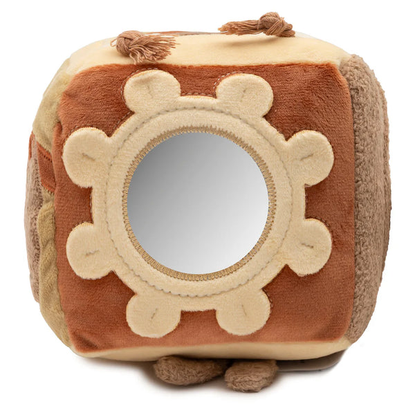 Cube d’activités bébé Kangourou avec miroir, grelots, tissu qui craque et figurines d’animaux. Stimule la motricité, l’éveil sensoriel et le jeu interactif.