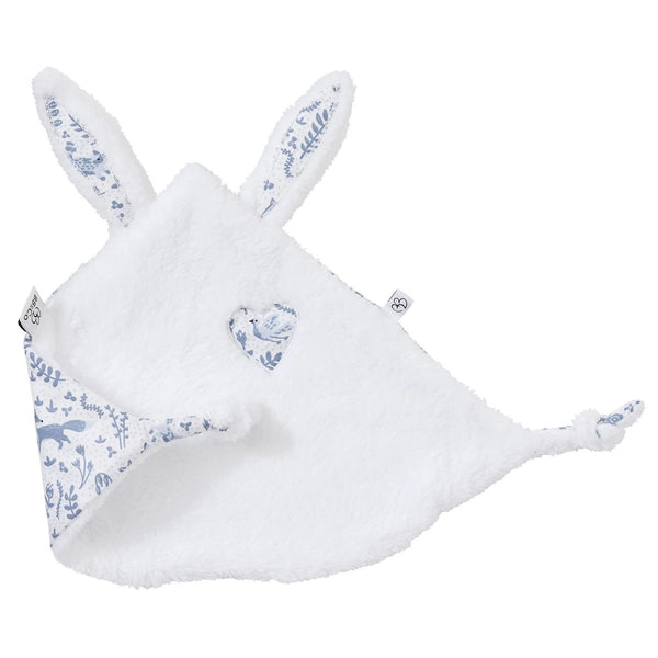 Doudou plat lapin petit cœur – microfibre blanc / imprimé forêt