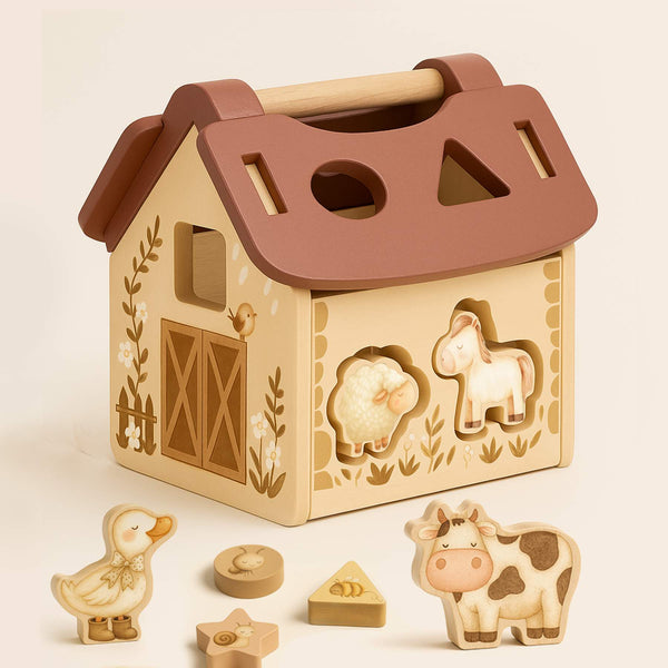 Explore la ferme avec Tiny Barn 🐑, le jeu de tri de formes en bois. Stimule la motricité fine, la logique et la coordination main-œil pour les enfants dès 18 mois.