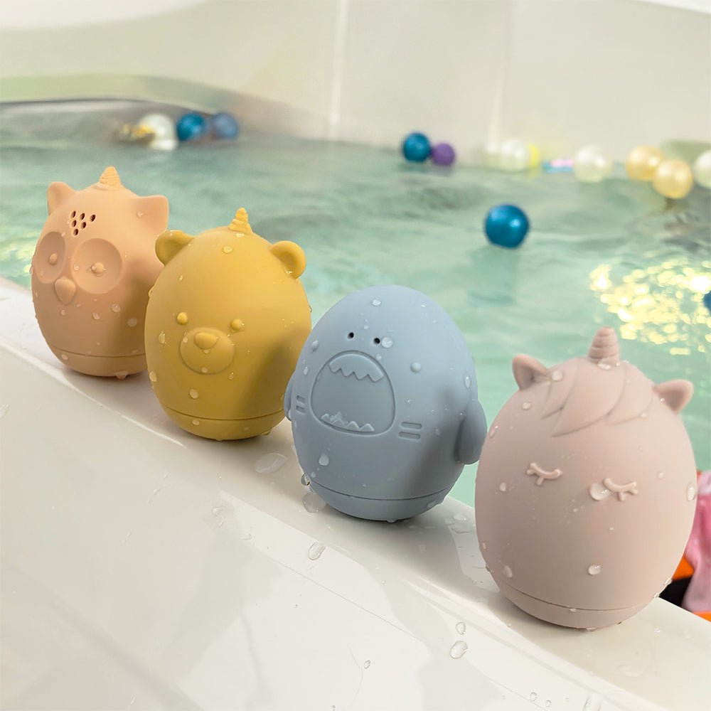 Lot de 4 jouets de bain en silicone – Licorne, Ours, Hibou et Requin