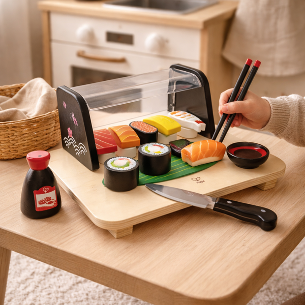 Set de sushi en bois pour enfant dès 2 ans. Jeu d’imitation complet avec accessoires, vitrine et ustensiles sécurisés.