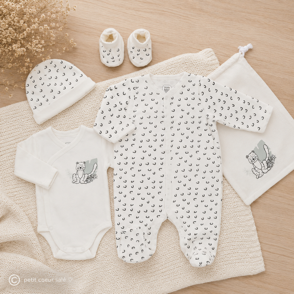 Tenue naissance bébé Léopard – ensemble maternité 5 pièces 1 mois TROIS KILOS SEPT