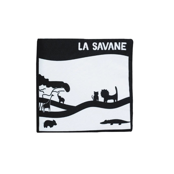 Livre d’éveil noir & blanc – Thème Savane (15x15 cm)