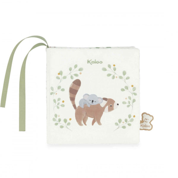 Imagier en tissu dès la naissance pour apaiser bébé au coucher. Livre sensoriel doux avec textures et ruban à manipuler.