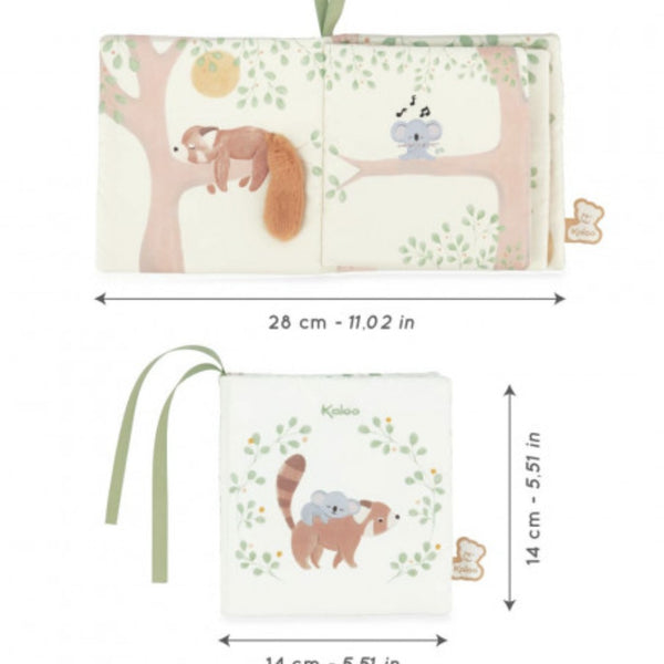 Imagier en tissu dès la naissance pour apaiser bébé au coucher. Livre sensoriel doux avec textures et ruban à manipuler.