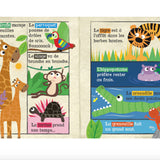 Pages crépitantes illustrant lions, éléphants et girafes pour bébé