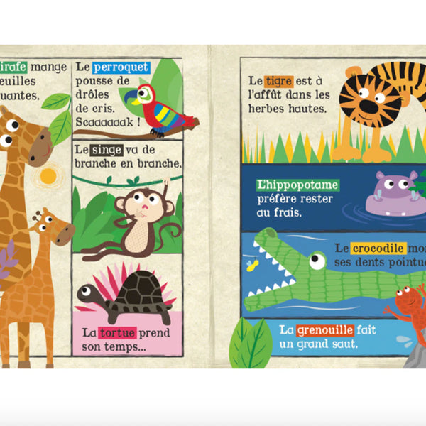 Pages crépitantes illustrant lions, éléphants et girafes pour bébé
