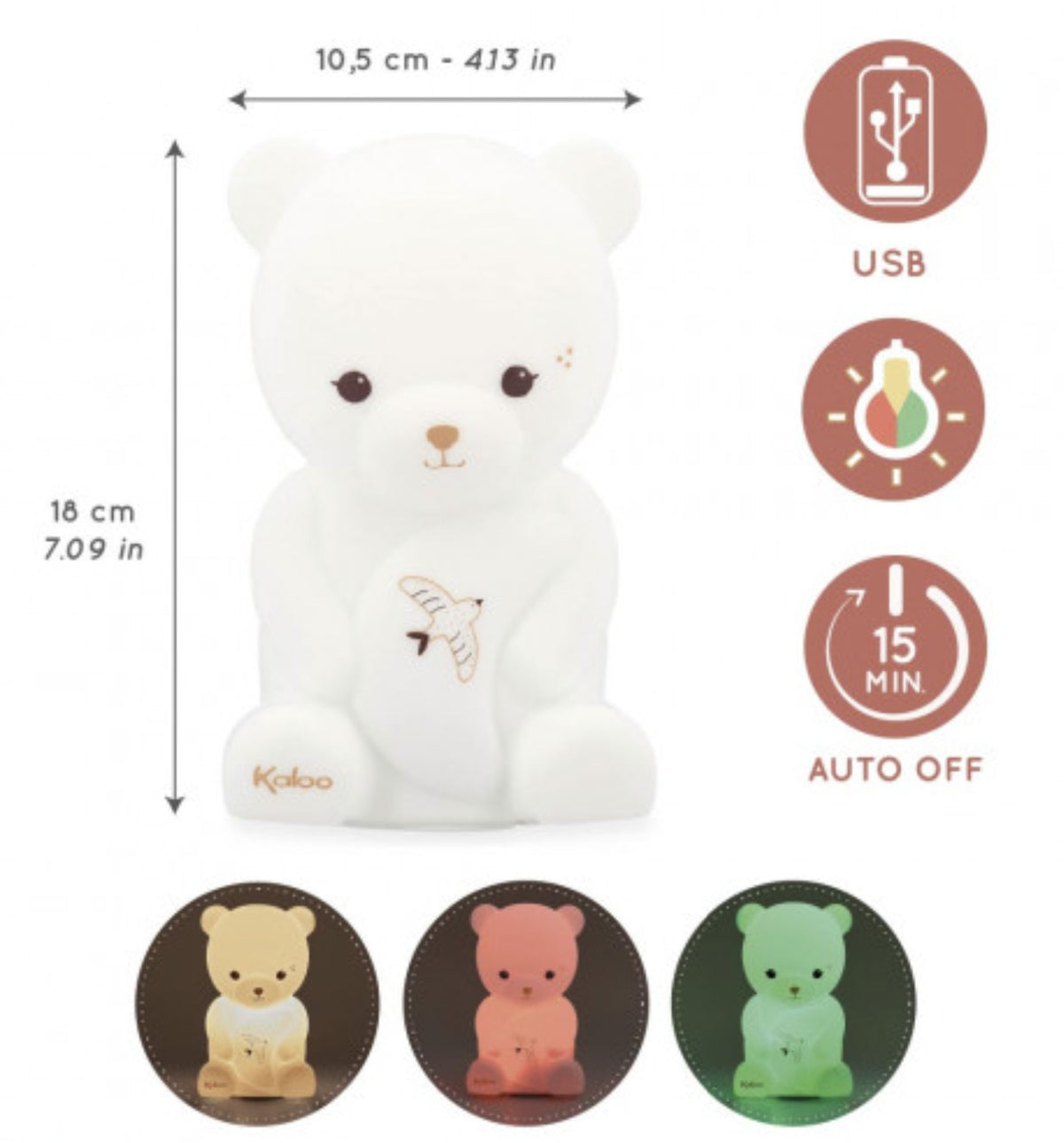 Veilleuse bébé en silicone souple 18 cm. 3 couleurs apaisantes, rechargeable USB et idéale dès la naissance.