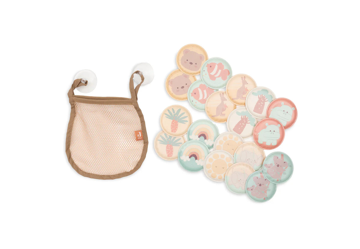 Jeu de bain memory kangourou pour bébé dès 18 mois. Cartes en mousse flottantes, éducatives et ludiques pour développer mémoire et concentration à l’heure du bain.