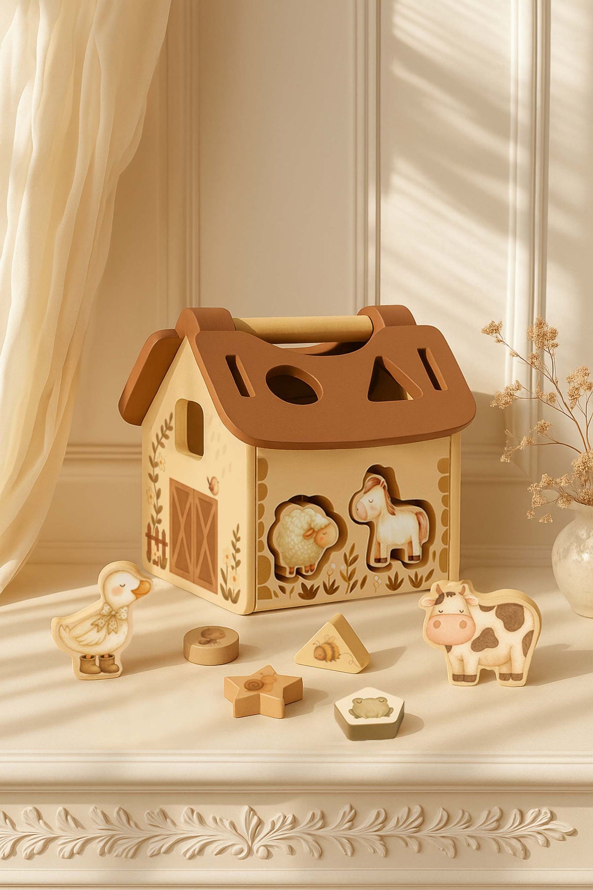 Explore la ferme avec Tiny Barn 🐑, le jeu de tri de formes en bois. Stimule la motricité fine, la logique et la coordination main-œil pour les enfants dès 18 mois.