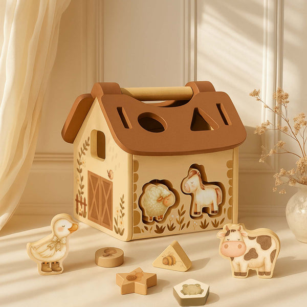 Explore la ferme avec Tiny Barn 🐑, le jeu de tri de formes en bois. Stimule la motricité fine, la logique et la coordination main-œil pour les enfants dès 18 mois.