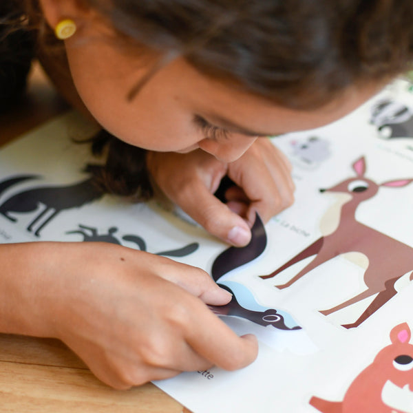 Enfant complétant poster forêt avec stickers ludiques