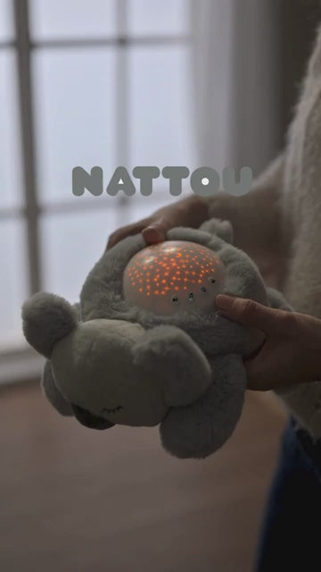 Veilleuse peluche bébé avec projection d’étoiles et sons apaisants. Lumière douce, timer 20 min, parfait pour endormir bébé en toute sécurité.