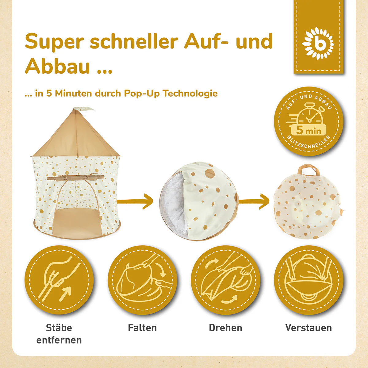 Tente de jeu bébé Pop-Up Dots – Beige caramel BIECO
