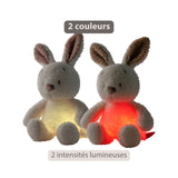 Veilleuse peluche lapin Teddy beige, douce et rassurante. Lumière à deux intensités, rechargeable USB et housse lavable. Parfaite pour apaiser bébé la nuit.