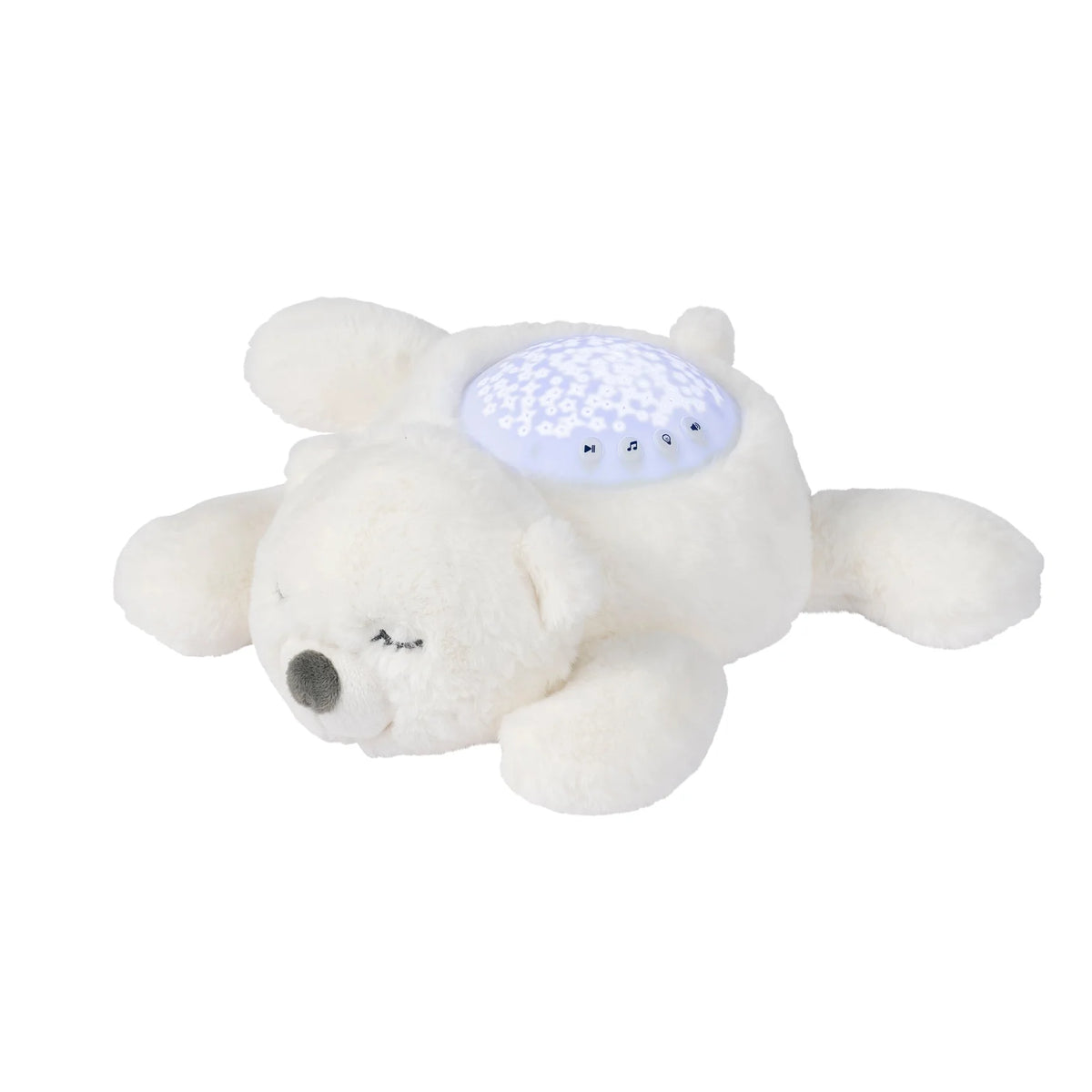 Veilleuse peluche ours polaire avec projection d’étoiles et sons apaisants. Timer 20 min, lumière douce et câline pour endormir bébé facilement.