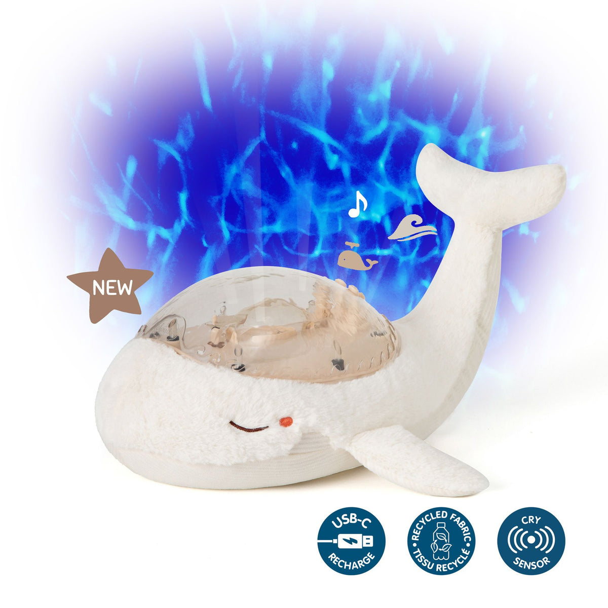 Veilleuse bébé Tranquil Whale™ blanche rechargeable : projections océaniques, bruits blancs, capteur de pleurs et minuterie. Idéale dès la naissance et parfaite en cadeau de naissance.