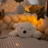 Veilleuse peluche ours polaire avec projection d’étoiles et sons apaisants. Timer 20 min, lumière douce et câline pour endormir bébé facilement.