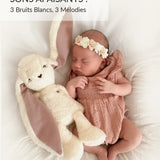 Doudou lapin écru rosemyHummy 5 en 1 avec bruits blancs, veilleuse et capteur de sommeil. Apaise bébé dès la naissance et favorise des nuits paisibles.