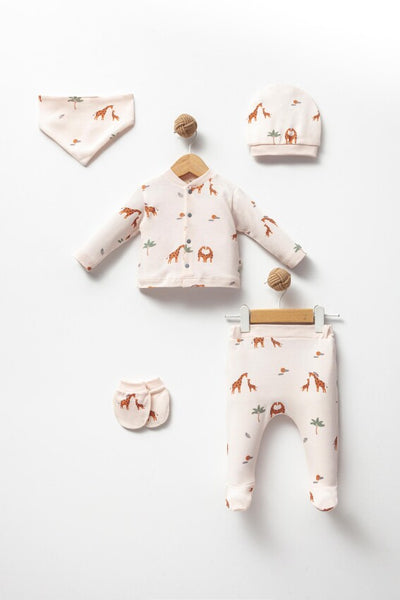Ensemble Bébé 5 Pièces – Motifs Girafes et Palmiers (0-3 mois)
